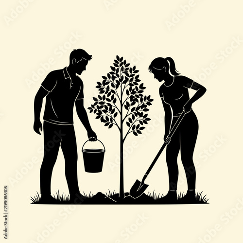 Man and woman planting a young tree together in the garden with earth day gardening tools couple gardening planting trees green living eco friendly planting