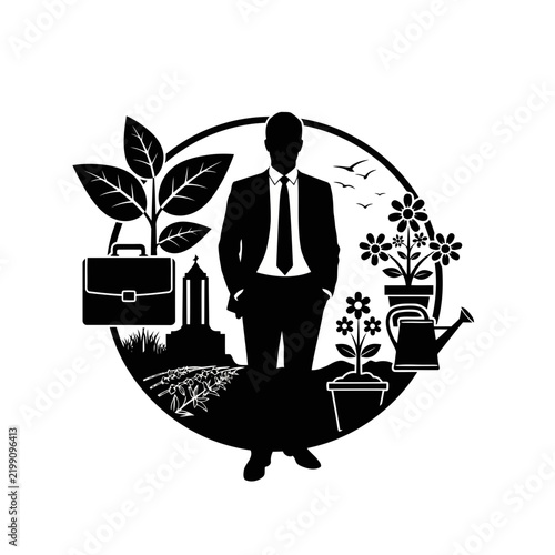 Businessman standing inside a circular frame with gardening and professional icons work life balance watering can black and white businessman gardening