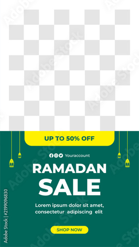 Editable vector Ramadan sale story template with photo placeholder, yellow up to 50 percent off bar, dark green background, and button.