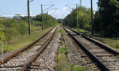 Railway tracks diverging through rural landscape leading to horizon