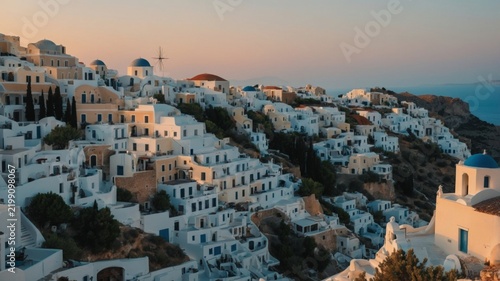 Sunset Over White Buildings in Santorini, Greece With Sea View