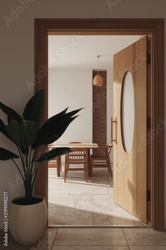 Wooden Door Leads to Dining Area With Table and Chairs