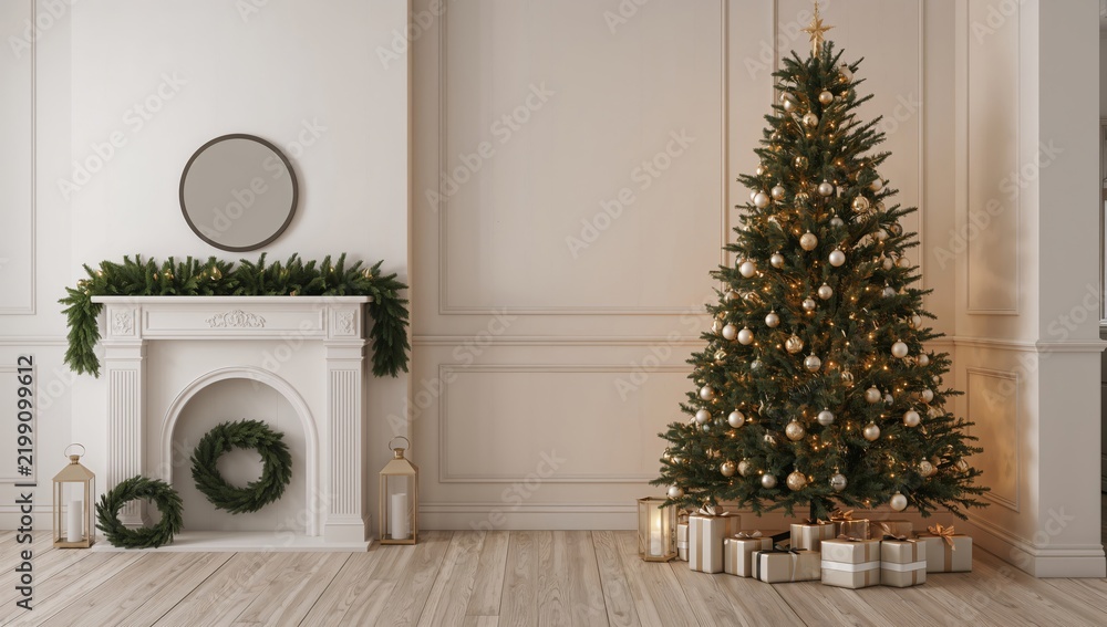 Obraz premium Decorated Christmas Tree by Fireplace With Gifts in Cozy Living Room