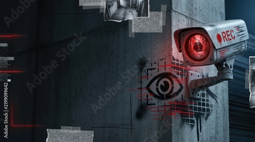 Surveillance Camera with Ominous Red Lens and Graffiti Art on Urban Concrete Wall, Mixed Media Collage Hero Banner with Large Negative Copy Space