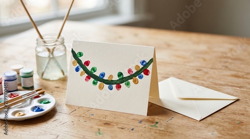 Handmade holiday greeting card with finger painted string lights on a wooden table featuring a palette of festive colors and an envelope nearby for a creative Christmas craft project.