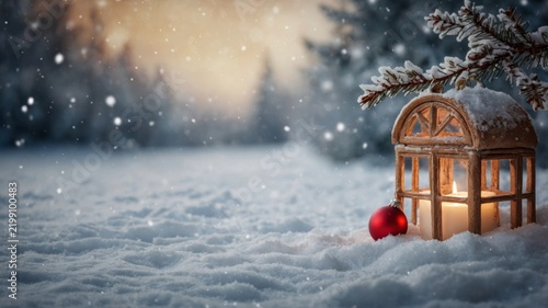 Winter Scene With Lantern and Red Ornament on Snow