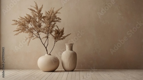 Vases With Dried Plants on a Wooden Table Against a Neutral Wall