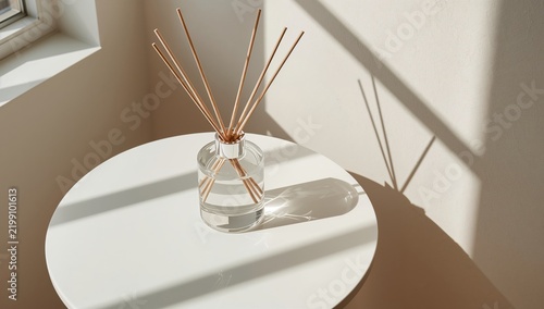 Diffuser Sits on Round Table With Sunlight Creating Shadows in a Bright Room