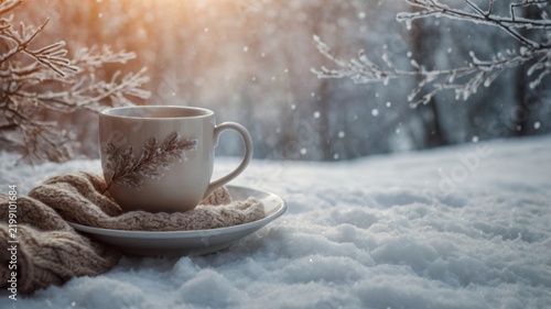 Warm Cup of Coffee on a Snowy Winter Day With Soft Sunlight Shining Through T...