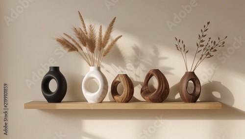 Decorative Vases Displayed on a Wooden Shelf With Dried Plants in a Modern In...