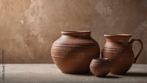 Clay Pots Displayed on a Surface With a Textured Background in a Dimly Lit Room