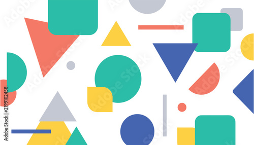 Abstract geometric vector background featuring playful minimalist shapes pattern with circles triangles and squares in vibrant green blue yellow and orange