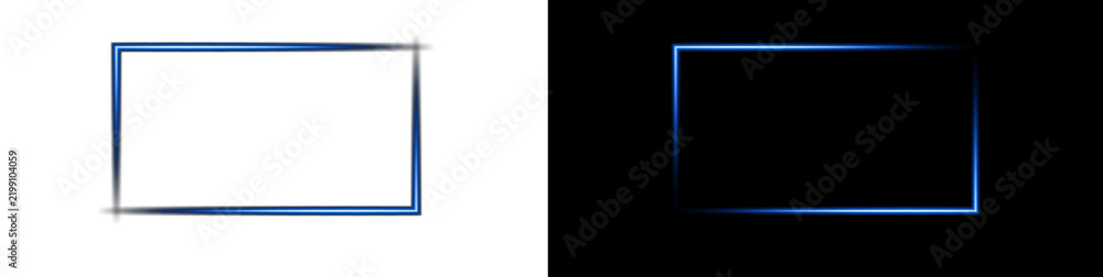 Fototapeta premium Glowing blue neon rectangular frame vector illustration set on white and black background