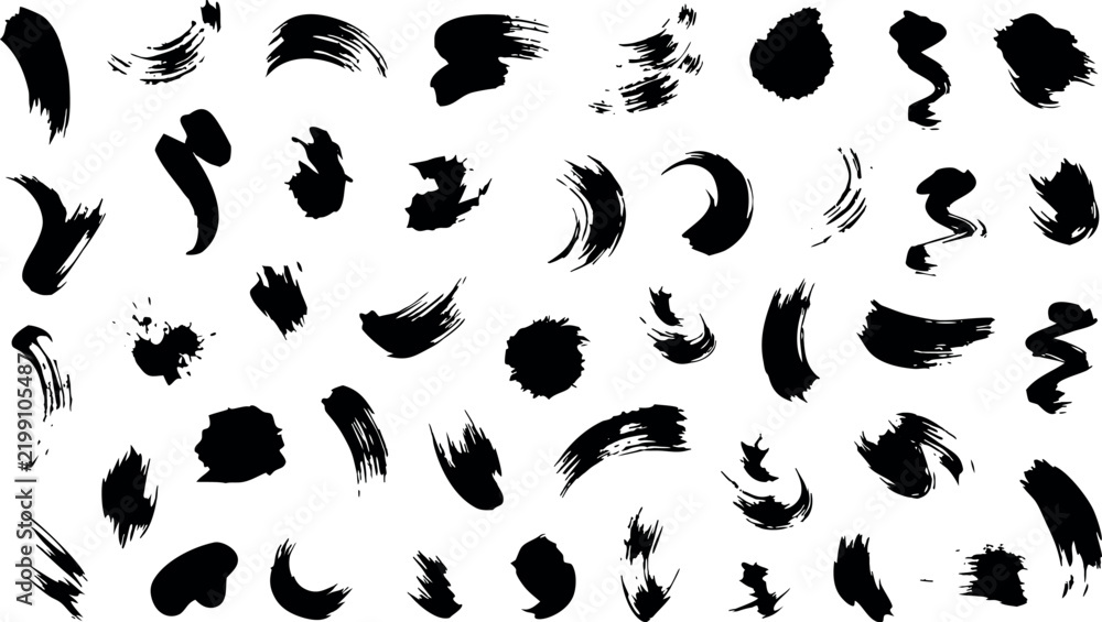 Fototapeta premium Set of black ink brush strokes isolated on transparent background hand drawn artistic texture design elements for creative graphic projects variety of grunge painting marks.