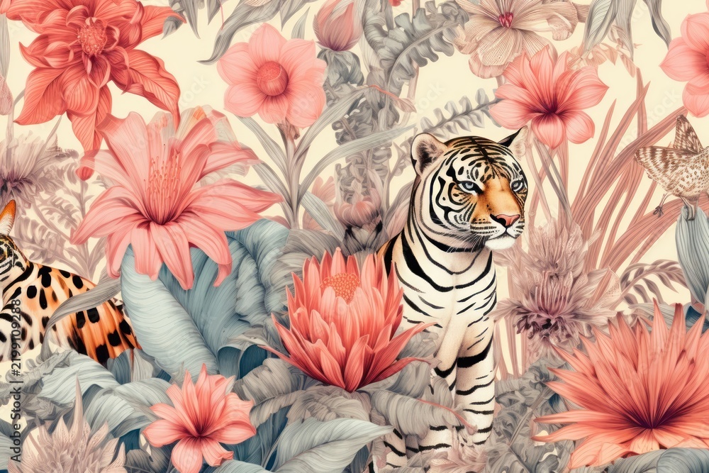 Obraz premium Vintage drawing of safari pattern flower backgrounds wildlife.