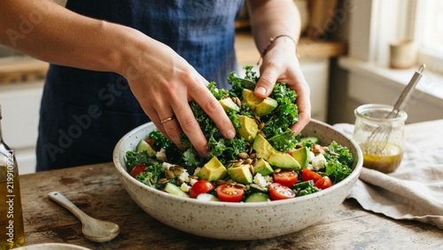 Woman Hands Mixing Fresh Healthy Salad with Kale, Avocado, and Tomatoes in Bowl