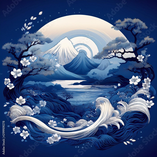Plakat 藍色で描く波と月の和モダンアート, AI生成画像