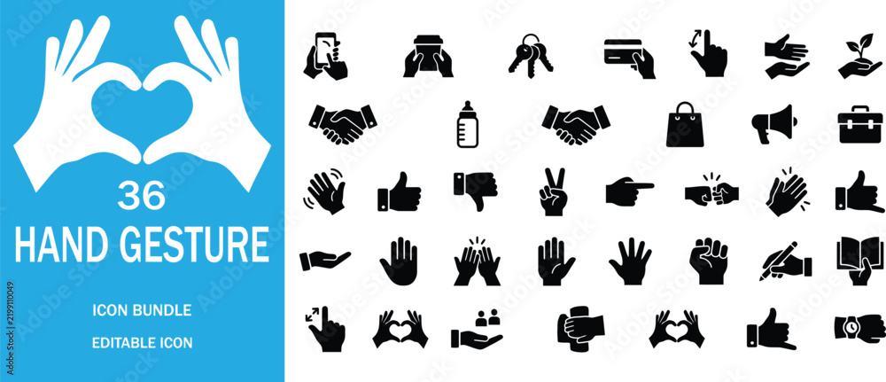 Obraz premium Collection of thirty-six black hand gesture icons set against a blue background for graphic design