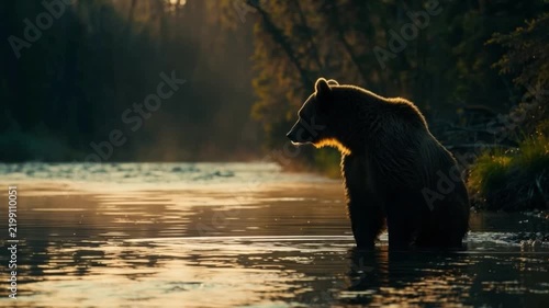 Majestic Bear Standing in Tranquil River at Sunset Highlighting Wildlife Beauty and Nature Serenity for Commercial Use. Generative AI