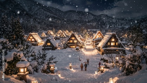 Illuminated Traditional Japanese Village Covered in Snow at Night