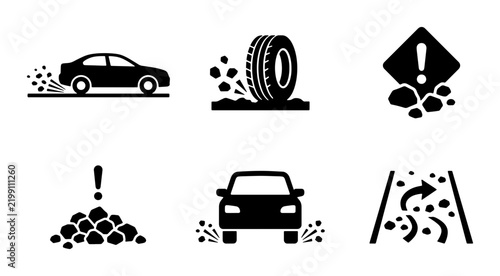 Gravel Road Icons: Car Driving, Tire Spin, Warning Signs, Loose Stones, Debris Scatter