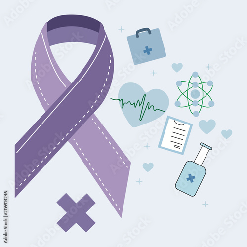 Purple awareness ribbon with medical cross healthcare vector