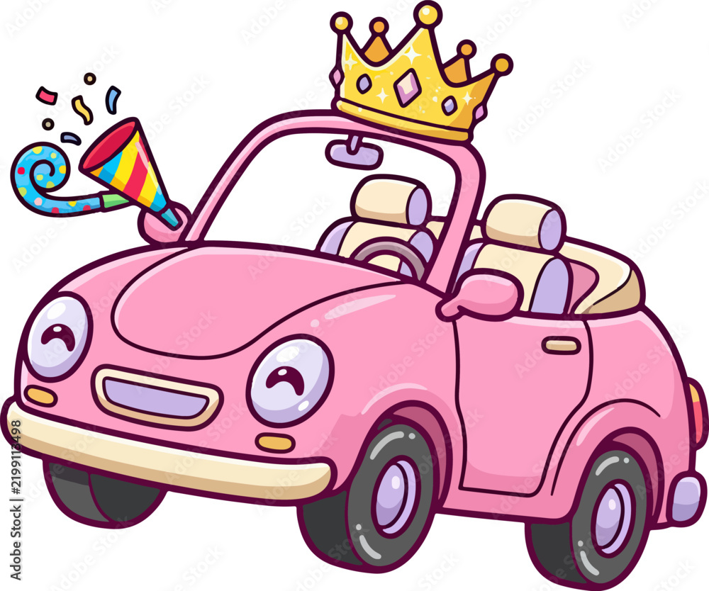 Obraz premium Cute Pink Cartoon Party Car with Gold Crown and Confetti
