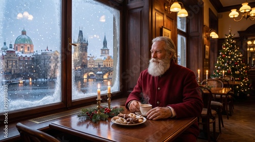 Santa Claus enjoying Czech Christmas cookies with a view of Charles Bridge
