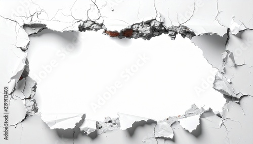 Large damaged hole torn into a white plaster wall creating an empty copy space frame.