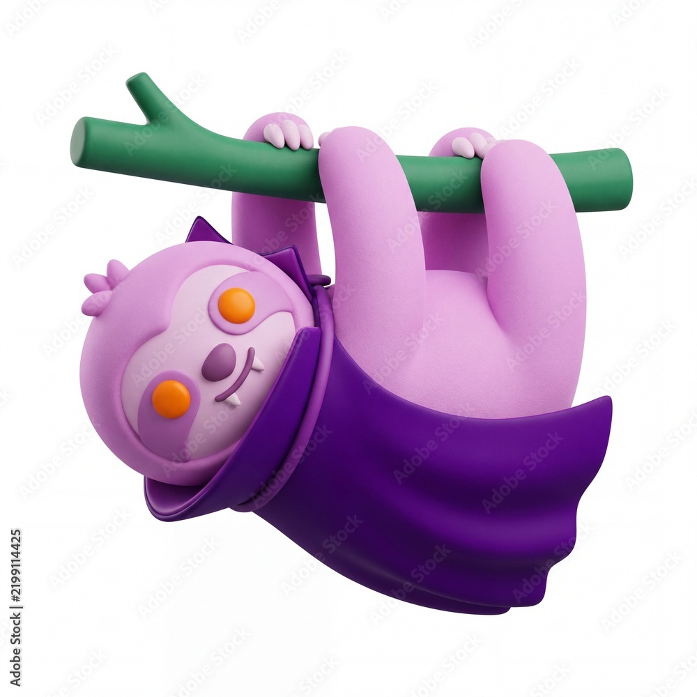 Fototapeta premium Cute purple sloth wearing vampire cape hanging on green branch 3D render