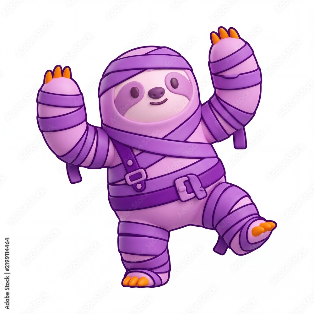 Obraz premium Cute purple sloth dressed as mummy costume dancing on white background