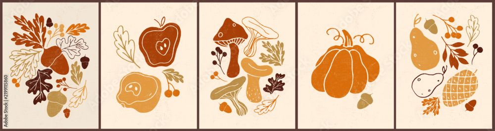 Obraz premium Set of hand drawn Craft style mushrooms, autumn food, icons, symbols, posters, cards. Food, kitchen menu design elements. Fungus, apples, pumpkin, leaves silhouettes. Wall art decor composition.