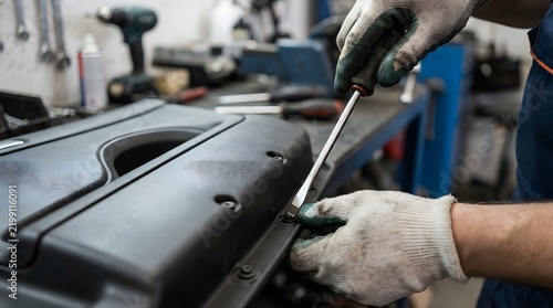 Professional mechanic hands in protective gloves using a manual screwdriver to remove and disassemble a black car door panel for interior maintenance and repair in an automotive service garage.