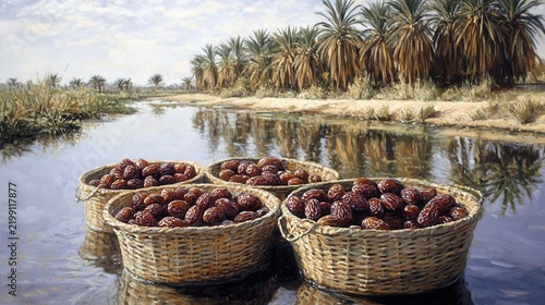 Baskets of fresh dates by a tranquil water body with palm trees