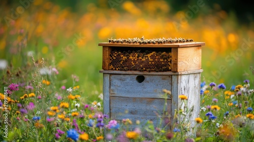 Beehive in vibrant wildflower meadow with bees buzzing