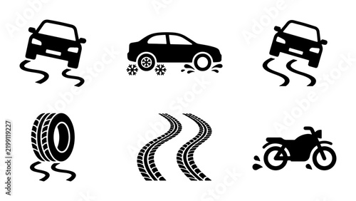 Car Tire Traction Icons, Road Safety Symbols, Motorcycle Skid Marks, Vector Graphics
