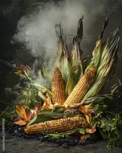 Corn cobs on smoky barbecue with caramelized edges