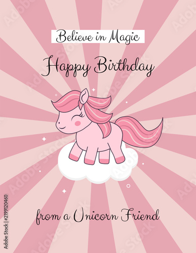 Birthday card with a cute unicorn on a cloud