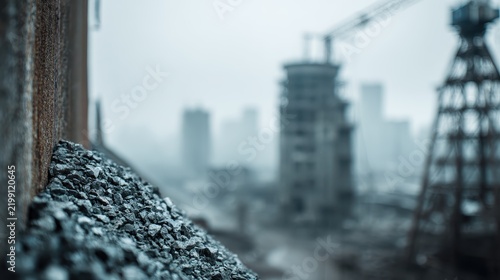 Bleak scene: gravel, rusty wall, blurred cityscape. Industrial decay, urban decline. Construction adds to bleakness