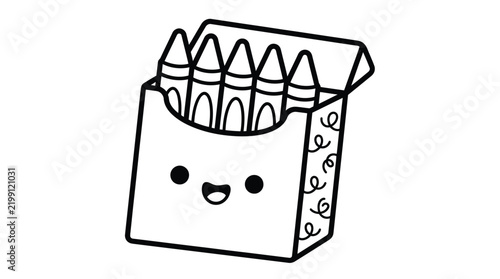 Cute box of crayons with a happy face illustration in bold black and white lines