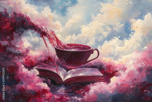 Teacup pouring liquid into open book amongst clouds