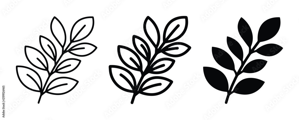 Fototapeta premium Botanical Branch Icons: Outline, Filled Outline, Solid Black Vector Art