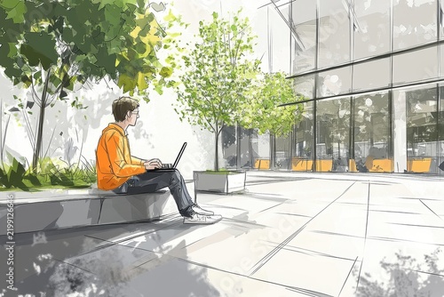 Young man working on laptop in a sunny modern park