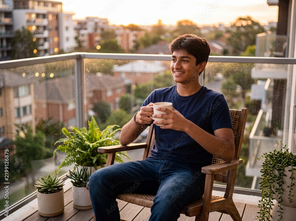 Fototapeta premium Young male drinking beverage on a modern balcony