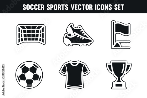 Soccer Sports Vector Icons Set, Football Ball, Goal, Jersey and Trophy Symbols