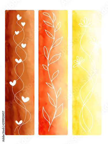 Soft watercolor vertical divider, white line leaf heart pattern