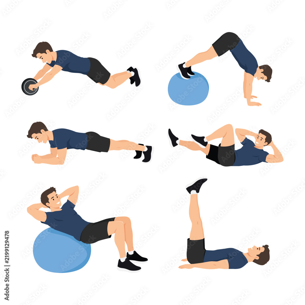 Fototapeta premium Six Core Strength Exercises for Full Body Fitness Workout. Flat vector illustration isolated on white background