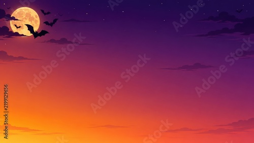 Spooky Halloween night sky with full moon and bats flying across, gradient purple and orange background
