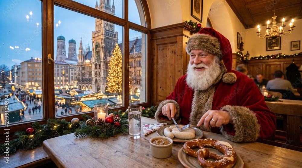 Santa Claus enjoying Bavarian sausages with a view of Munich Marienplatz