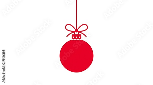 Red christmas ornament with a decorative bow hanging against a plain white background with graphic illustration style hangs vertically